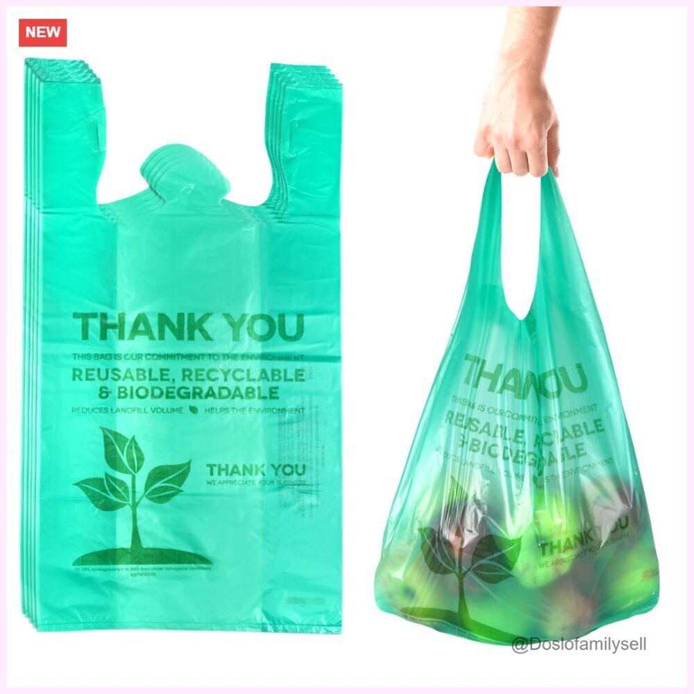 100 Biodegradable Plastic Shopping Bags 22x12 Eco Friendly T-Shirt Style